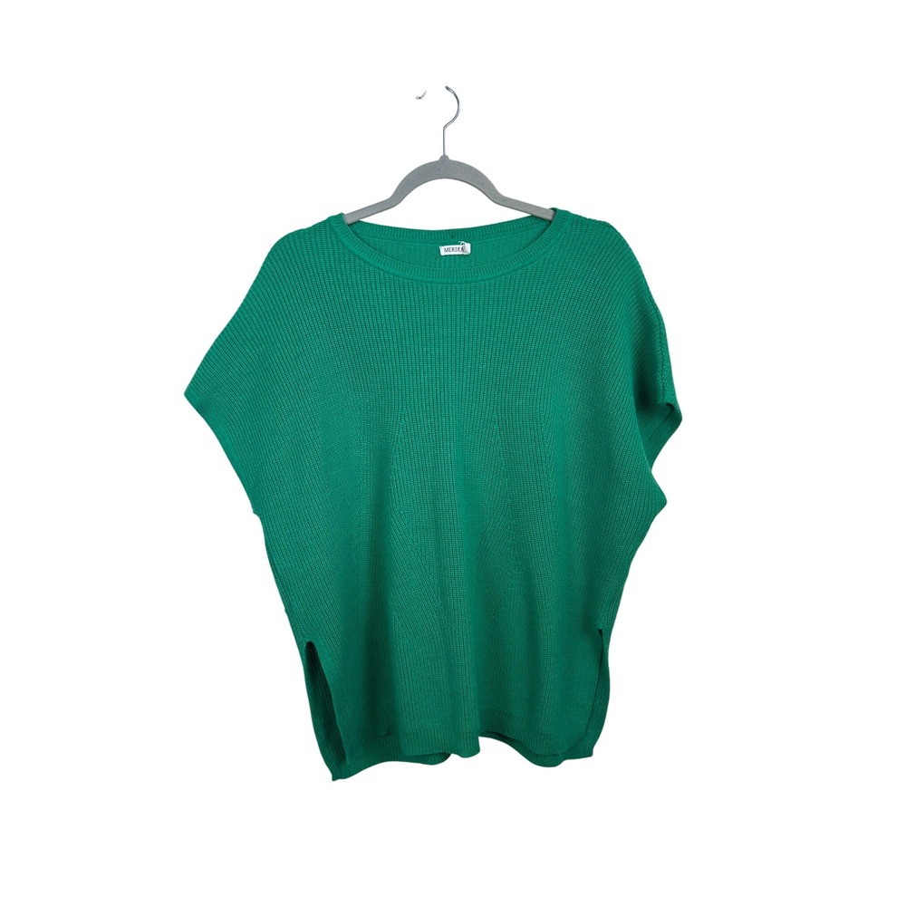 Mersea Poncho Sweater Womens OS Green Excellent Button Back Ribbed Knit Slit